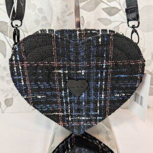 Betsey Johnson multicolor tweed plaid heart crossbody w guitar strap